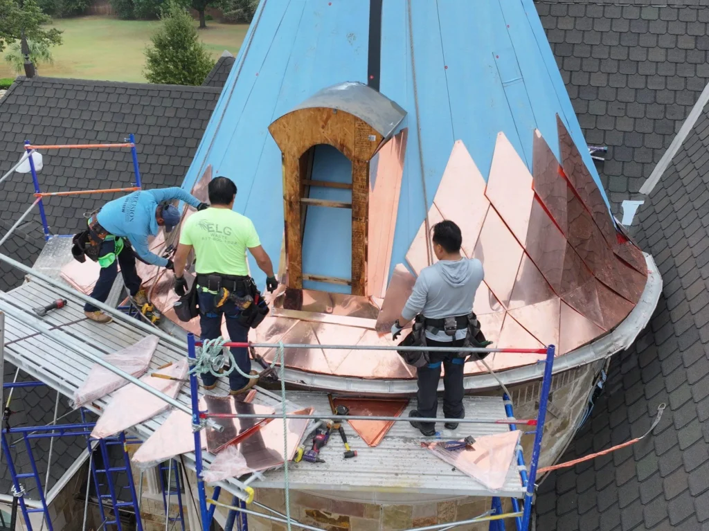 Drone view of roof repair in progress by national roofing experts