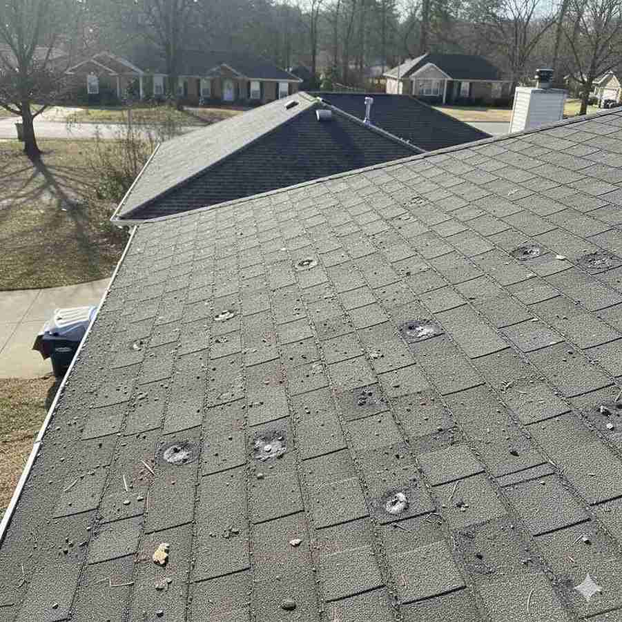 Hail damage on roof showing dents and granule loss