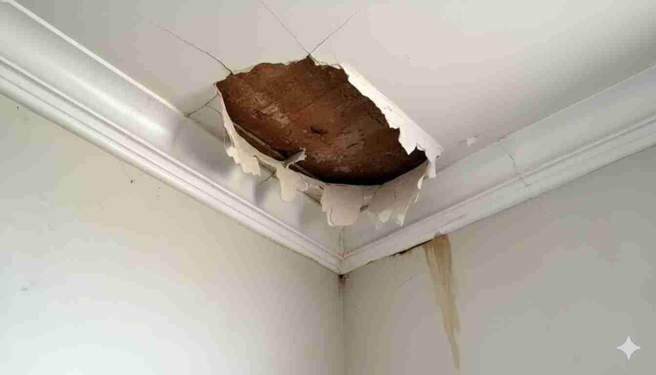 Moisture-damaged shingles showing dark spots and decay