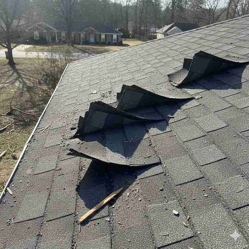 Wind-damaged asphalt shingles with missing and lifted sections